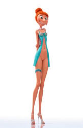 1girl ai_generated arms_behind_back big_nose despicable_me female hair_bun high_heels long_legs lucy_wilde navel negligee nipples open_clothes pussy scarf small_breasts smile thigh_strap transparent_clothing
