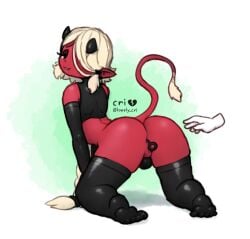 anal anal_beads anal_beads_in_ass anal_penetration anus armwear artist_name black_armwear black_clothing black_elbow_gloves black_gloves black_handwear black_horn black_legwear black_shirt black_tank_top black_thigh_highs black_topwear braided_hair braided_ponytail bulge bulge_from_behind clothing cream_hair demon demon_humanoid disembodied_hand ear_piercing ear_ring elbow_gloves eyeshadow femboy gloves hair handwear horn humanoid junno_(cri) kneeling legwear lonely_cri looking_at_viewer looking_back looking_back_at_viewer makeup male object_in_ass penetration perineum piercing pointy_ears ponytail presenting presenting_anus raised_tail red_body red_skin red_tail ring_piercing sex_toy sex_toy_in_ass sex_toy_insertion shirt simple_background solo tail tank_top text thigh_highs topwear