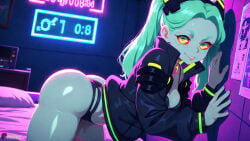 1girl against_wall ai_generated artificial_eye ass black_bra black_jacket black_panties bra breasts colored_sclera colored_skin cyberpunk:_edgerunners cyberpunk_2077 cyborg green_eyes green_hair headgear indoors jacket leg_tattoo long_hair long_sleeves looking_at_viewer mechanical_eye medium_breasts minokai neck_tattoo neon_lights open_jacket panties rebecca_(cyberpunk) rebecca_(edgerunners) red_pupils red_sclera self_upload small_breasts smile solo stomach_tattoo tattoo teeth thong twintails underwear