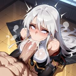 1boy 1girl :>= abs ahegao ai_generated azur_lane bangs bare_shoulders black_coat black_necktie black_thighhighs blush breasts breath clothed_female_nude_male clothing coat cum cum_in_mouth cum_in_nose cum_overflow ejaculation enterprise_(azur_lane) erection fellatio female from_above grey_hair hair_between_eyes heavy_breathing hetero huge_penis indoors large_breasts large_penis long_hair looking_at_viewer looking_up lunaart male male_pubic_hair necktie nude off_shoulder oral penis pubic_hair purple_eyes rolling_eyes semen shirt sitting sleeveless sleeveless_shirt solo_focus sweat tearing_up tears testicles thighhighs thighs trembling veins veiny_penis very_long_hair wet wet_clothes white_hair white_shirt