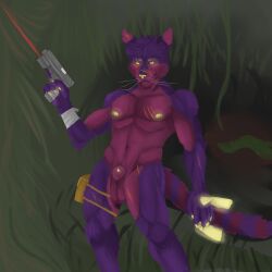 1:1 animal_genitalia anthro balls bandage casualties:_unknown clothing felinferno genitals glowing gun gunsaw gunsawian hi_res male nipples nude penis purple_body ranged_weapon sheath solo tail voyager_(gunsawian) weapon