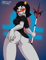 1girls ass black_hair black_lips bottomless breasts cane clenched_teeth dat_ass female grey_skin homestuck horns irregular_fetishes looking_at_viewer ms_paint_adventures pussy sharp_teeth short_hair solo standing sunglasses terezi_pyrope troll yellow_nails