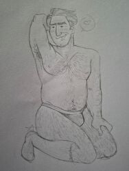 1boy 2026 armpit_hair artist_request bulge chest_hair dad_bod dilf disney gay hoppers kneeling male male_only mayor_jerry nipples one_arm_behind_head pixar simple_background solo traditional_media