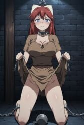 ai_generated big_breasts blue_eyes blush captive glasses kneeling long_hair looking_at_viewer megane nun partially_clothed ragged_clothing red_hair shackles skirt_lift tagme_(character) the_warrior_princess_and_the_barbaric_king