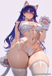 1girl ai_generated big_breasts cat_lingerie female lucilla_(wuthering_waves) mature_female purple_hair revoaru thick_thighs thighs wuthering_waves
