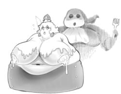 1boy 1girls breasts cake cake_girl cream female food_transformation gourmet_guy highres human human_only imminent_vore male mario_(series) modeseven nightmare_fuel nintendo overweight paper_mario princess_peach shy_guy solo_focus transformation vore white_background