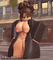 1girls 2026 3d :3 areolae artist_name barefoot belly_button big_breasts black_eyes breasts breasts_out brown_coat brown_hair brown_sleeves coat coat_only crimstuff day daytime eyebrows eyelashes female female_only freckles freckles_on_breasts hair_bun hands_on_hip host_(roblox) long_sleeves looking_at_viewer news_lady_(roblox) nipples no_visible_genitalia now_playing_on_roblox open_coat outdoor_nudity outdoors partially_clothed partially_clothed_female public public_exposure public_indecency public_nudity roblox robloxian sleeves smug solo standing stomach tan-skinned_female tan_skin thick_thighs thighs watermark zaduworkz