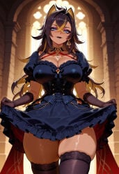 1girl 1girls ai_generated alternate_costume animal_ears balecxi bangs black_dress black_gloves black_hair black_lips black_thighhighs blonde_hair blue_dress blue_eyes blurry_background breasts choker cleavage clothes_lift clothing corset cowboy_shot criss-cross_halter crossed_bangs curvaceous curvaceous_female curvaceous_figure curvy curvy_figure dangle_earrings dark-skinned_female dark_skin dehya_(genshin_impact) dress dress_lift earrings elbow_gloves eyeshadow female female_focus frilled_dress frills genshin_impact gloves hair_between_eyes hair_ears hair_intakes hoyoverse indoors jewelry large_breasts legwear lifted_by_self lipstick long_hair looking_at_viewer makeup mihoyo multicolored_hair neck_ring pointy_hair puffy_short_sleeves puffy_sleeves short_sleeves single_earring skindentation skirt_hold smile solo standing streaked_hair thick_thighs thighhighs thighs two-tone_hair voluptuous voluptuous_female yellow_pupils