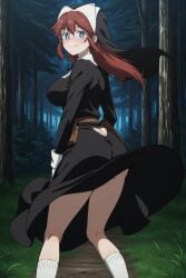 ai_generated big_breasts blue_eyes blush forest glasses long_hair looking_at_viewer looking_back megane nun nun_outfit red_hair sitting skirt_up smile tagme_(character) the_warrior_princess_and_the_barbaric_king