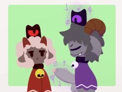 angry anthro axouwur balls bell bell_collar big_penis bovid caprine clothing collar crown cult_of_the_lamb disgust disgusted_face duo expansion genital_expansion genital_growth genitals goat goat_(cult_of_the_lamb) growth headgear hi_res horn huge_penis lamb_(cult_of_the_lamb) looking_at_another magic_user male mammal massive_monster_(studio) penis sheep simple_background
