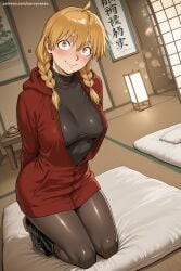 1girl ahoge ai_generated blush braid breasts futon gabby_(yomi_no_tsugai) hair_over_shoulder hi_res high_quality high_resolution hood kneeling large_breasts long_hair looking_at_viewer orange_hair pantyhose patreon pillow red_eyes savvyraexo seductive seiza sexy smile solo sweater tatami tissue_box turtleneck uncensored watermark
