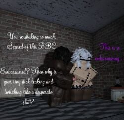 3d bedroom blacked covered_eyes dark-skinned_male degradation degradation_text embarrassed embarrassed_nude_male femboy gay interracial light-skinned_male original original_character qos_tattoo queen_of_spades roblox roblox_condo robloxian self_upload text twink