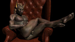 3d anthro anubian_jackal anubis armchair balls canine deity egyptian fur furry hair hindpaw jackal long_hair male male_only mammal muscles paws reclining suggestive wooky yellow_eyes