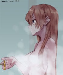 1girl 1girls asuka_langley_sohryu blue_eyes breasts brown_hair closed_mouth completely_nude dated highres long_hair looking_to_the_side medium_breasts neon_genesis_evangelion nude simple_background souryuu_asuka_langley standing steam very_long_hair yagisawa_teru