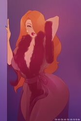 1girls artist_name big_breasts breasts cleavage clothing curvy disney female female_only hair hair_over_one_eye jessica_rabbit kokobuttz long_hair orange_hair see-through_clothing solo watermark who_framed_roger_rabbit