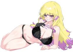 1girls blonde_hair blue_eyes blush boobs bra curvy diabellze_the_original_sinkeeper duel_monster elzette_diabelleze_(sinful_spoils) embarrassed female female_only fringe heterochromia hi_res huge_breasts konami light_skin lingerie long_nails looking_at_viewer lying lying_on_side multicolored_hair nails navel oldsickkim painted_nails panties pose purple_eyes purple_hair purple_nails simple_background sinful_spoils_(yu-gi-oh!) smile solo teeth thighs underwear white_background younger_female yu-gi-oh!