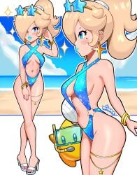 1girls alternate_version_available armwear big_breasts big_lips bikini bimbo bimbo_lips blonde_hair blue_eyes blue_lips blue_lipstick blue_slingshot_swimsuit blush bracelet bracelets breasts cleavage close-up ear_piercing earrings eyewear female female_only footwear full_body goggles hair hair_over_one_eye headwear heels high_heels hips holding_object legs lips lipstick luma mario_(series) mole mole_under_eye nail_polish nails nintendo parted_lips plump_lips ponytail princess_rosalina purple_nail_polish purple_nails side_view sideboob slingshot_swimsuit smile sparkles star star_earrings sunglasses sunglasses_on_head swimming_goggles swimwear thick_lips thigh_strap thighs tied_hair toenail_polish toenails volleyball_(ball) wiluma