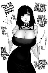 1girls big_breasts bitch bitchy black_dress breasts_bigger_than_head busty busty_goth choker cleavage deadpan dress drink ekz flipping_off flipping_viewer_off fully_clothed goth goth_girl goth_makeup goth_mommy gothic_girl large_breasts lipstick looking_at_viewer makeup middle_finger painted_nails pale-skinned_female pale_skin solo solo_focus spiked_collar stacked tagme thin_waist