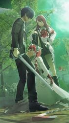 1boy 2girls assisted_fellatio assisted_rape blowjob chidori_yoshino clothed_female clothed_male dress foot_on_head forced_oral grey_hair grey_hair_male hairband hands_behind_back holding_weapon long_hair makoto_yuki mitsuru_kirijo oral outdoors penis persona persona_3 public public_indecency rape red_hair red_hair_female school_uniform skirt smile sword upskirt uriziel38 visible_underwear white_dress