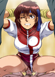 1girls 80s breasts brown_eyes brown_hair censored clenched_teeth cowgirl_position curvaceous erect_nipples_under_clothes exercise female gainax gunbuster headband human large_breasts leotard leotard_aside light-skinned_female light_skin male noriko_takaya penis pilot_suit pussy raburebo sex shirt short_hair solo_focus sweat thick_thighs training vaginal vaginal_penetration wide_hips