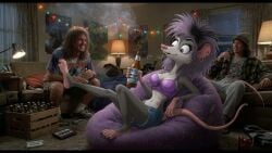 1girls 2026 2boys ai_animation ai_generated ai_video animated anthro anthro_female bean_bag_chair beer beer_bottle bong bra breasts clothed conversation denim_shorts dialogue drugs female flirty foot_fetish foot_focus furry human_male indoors male male/female male_human/female_anthro mammal marijuana marsupial midriff opossum punk purple_hair realistic room sound stoner tagme talking toe_sucking trio video window