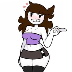 1girl bare_shoulders black_eyes black_skirt black_thighhighs blunt_bangs blush breasts brown_hair cleavage clothing colored_skin crop_top female grin huge_breasts index_finger_raised jaiden jaiden_(jaiden_animations) jaiden_animations jaidenanimations long_hair looking_at_viewer medium_breasts microskirt midriff miniskirt navel no_nose pointing purple_shirt sexually_suggestive sexy sexy_pose simple_background skirt smile solid_oval_eyes solo steca strapless strapless_shirt thelazyart thick thick_legs thighhighs transparent_background tube_top white_background white_skin wide_hips youtube youtuber youtuber_character youtuber_girl youtubers