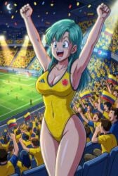 ai_generated blue_hair celebration colombian curvy dragon_ball dragon_ball_z female marron night sexy sfw smiling stadium swimsuit yellow_bikini