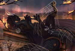 anus bodily_fluids claws collar cum cum_in_vagina cum_inside dragon fangs female feral fire fur furred_dragon furred_scalie genital_fluids genitals hi_res horn mekk muzzle_(object) mythological_creature mythological_scalie mythology net paws scalie snout solo tail teeth vulva
