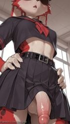 1boy ai_generated belt black_serafuku black_skirt decurse erection furry furry_male indoors male_focus open_mouth otoko_no_ko penis pleated_skirt red_hair school_uniform serafuku skirt solo testicles uncensored