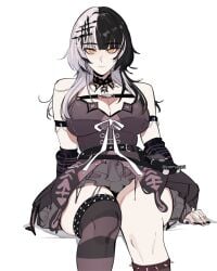 1girls arm_warmers breasts choker clothing dress exposed_shoulders fully_clothed grey_and_black_hair hololive hololive_english hololive_english_-advent- light-skinned_female looking_at_viewer multicolored_hair pomuya shiori_novella sitting thick_thighs thighs white_background yellow_eyes