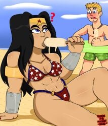 1boy 1boy1girl 1female 1girl 1girl1boy 1girls arm_bracelet beach big_nose bikini bikini_bottom bikini_top black_hair blonde_hair_male blue_eyes confused_look dc dc_comics dc_extended_universe diana_of_themyscira diana_prince dopeisnukat female gauntlets greek greek_female ice_cream ice_cream_drip red_fingernail_polish red_fingernails sand steve_trevor sucking_ice_cream swim_trunks tan_skin tan_skinned_female tiara wonder_woman wonder_woman_(series)