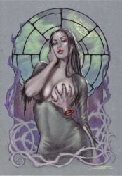 1girls big_breasts black_hair breast_grab breasts female goth goth_girl lucastrati mature_female milf morticia_addams mother pale-skinned_female pale_skin the_addams_family thing_(addams_family) traditional_media_(artwork)