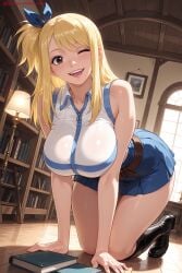 1girl ai_generated bangs bare_shoulders belt black_footwear blonde_hair blue_ribbon blue_skirt blush book bookshelf boots breasts brown_eyes fairy_tail hair_ribbon hi_res high_quality high_resolution indoors kiraamane large_breasts long_hair looking_at_viewer lucy_heartfilia one_eye_closed open_mouth patreon seductive sexy shirt side_ponytail skirt sleeveless sleeveless_shirt smile solo swept_bangs teeth uncensored watermark
