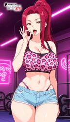 ai_art ai_generated blue_shorts boosterred99 crop_top curvy fellatio_gesture food_wars gesture gym hips indoors leopard_print lights long_hair naughty_face neon night open_mouth pink_leopard_print red_eyes red_hair sakaki_ryouko shokugeki_no_souma shotts stable_diffusion thong tongue_out visible_thong wide