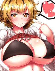 1girl 1girls belly belly_button big_breasts bikini bikini_top black_bikini black_bra black_hair blonde_hair blush blush_lines blushing blushing_at_viewer blushing_female bow bowtie bra breasts cleavage clothes_lift dress dress_lift heart heart_symbol huge_breasts large_breasts light_blush long_sleeves looking_at_viewer multicolored_hair navel nipples nipples_visible_through_clothing open_clothes pointing pointing_at_self puffy_sleeves red_dress ribbon short_hair skindentation smile smiley_face smiling smiling_at_viewer sole_female solo solo_female solo_focus speech_bubble stomach swimsuit swimwear tiger_girl toramaru_shou touhou underwear upper_body upper_body_focus upper_body_only white_shirt wide_hips yellow_eyes zan_(harukahime)