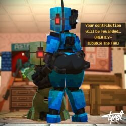 2girls 3d ass ass_focus assaultron assaultron_(fallout) big_ass big_breasts blue_body breasts computer electronics fallout fallout_4 female female_only glowing_eyes green_body kl-e-0 machine mine-imator minecraft presenting presenting_ass robot robot_girl robot_humanoid straight tagme tyiscrazy vault_suit video_games