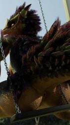 2025 2_horns 3d_(artwork) 9:16 absurd_res anthro anthrofied anus barely_visible_genitalia barely_visible_vulva big_butt bird_wyvern blue_sky blurred_background breasts butt capcom chain day digital_media_(artwork) dutch_angle feathers female genitals glowing glowing_eyes green_body green_scales hi_res horn looking_at_viewer looking_back looking_back_at_viewer low-angle_view monster_hunter mrs_dexie open_mouth outside puffy_anus rear_view scales seikret sitting_on_swing sky solo spread_legs spreading swing tail tan_body tan_scales thick_thighs vulva yellow_eyes