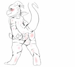 anus ass back_view backsack balls bandana blush digimon guilmon hadou looking_at_viewer looking_back male_only penis plain_background presenting presenting_hindquarters raised_tail satsui-n0-had0u scalie solo standing