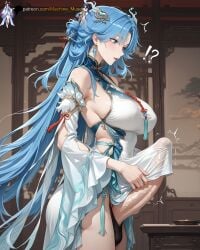 1futa 1futanari 1girls adult adult_female aged_up ai_generated balls bare_shoulders bed big_breasts big_penis blue_eyes blue_hair blush boobs breasts chinese_clothes dickgirl earrings erect_penis female futa_only futanari girl hair_ornament indoor indoors jewelry light-skinned_female light_skin long_hair machine_muse on_bed open_mouth patreon_username penis_erection penis_visible_through_clothing perfect_body tacet_mark_(wuthering_waves) uncensored very_long_hair watermark wuthering_waves