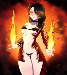 1girls black_hair cinder_fall flaming_eyes rwby torn_clothes