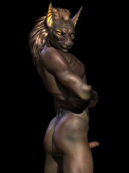 3d anthro anubian_jackal anubis ass canine deity egyptian fur furry jackal looking_at_viewer male_only mammal penis wooky yellow_eyes