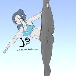 1girls ass black_hair breasts cameltoe erect_nipples female female_only grey_eyes grey_skin hair jollysaunter leg_up looking_at_viewer navel nintendo smile solo spread_legs vertical_splits video_games wii_fit wii_fit_trainer yoga yoga_pants