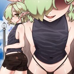 butt cute_male elf elf_ears elf_femboy elf_male elsvime femboy gold_eyes green_hair light-skinned_male nipple_bulge shirt_lift short_shorts sweaty sweaty_body