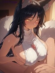 1girls ahri ai_generated animal_ears black_hair blush facial_markings inner_ear_fluff league_of_legends long_hair patreon patreon_username xzollosez yellow_eyes