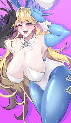 1girl bunnysuit corrupted_arm diabellze_the_original_sinkeeper duel_monster huge_breasts sharp_teeth tagme_(artist) two-tone_hair witch_hat yu-gi-oh!