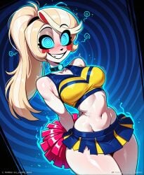 1girl ai_generated arms_behind_back bare_shoulders black_choker blonde_hair blue_eyes blue_skirt blush blush_stickers breasts charlie_morningstar_(hazbin_hotel) cheerleader choker collarbone colored_sclera cowboy_shot crop_top grin hazbin_hotel holding long_hair looking_at_viewer lustful_mind medium_breasts midriff mind_control miniskirt narrow_waist navel patreon_username pleated_skirt pom_poms ponytail shiny_skin skirt smile solo stomach tagme thighs torn_clothes wide_hips
