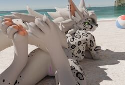 absurd_res anthro ball beach beach_ball black_body black_scales blender_(artwork) blender_cycles_(artwork) boat breasts butt canid canine digital_media_(artwork) dragon fangs feet felid female foot_focus full-length_portrait fur furred_dragon furred_scalie genitals green_eyes grey_body hair hair_over_eye hi_res hiddenonez hybrid inflatable inner_ear_fluff leopard_spots looking_at_viewer looking_back lying mammal mythological_creature mythological_scalie mythology novabeast nude on_front pantherine pawpads paws piercing portrait presenting presenting_hindquarters presenting_vulva sabertooth_(anatomy) sand scales scalie sea smile snow_leopard solo spots teeth thick_thighs tuft vehicle vulva water watercraft white_body white_fur white_hair