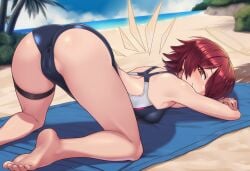 1girl ai_generated angel_girl angel_wings arknights ass ass_focus ass_up back back_cutout bare_legs barefoot beach blush cameltoe exusiai_(arknights) feet hair_over_one_eye halo medium_breasts orange_eyes presenting_ass red_hair short_hair smile solo swimsuit