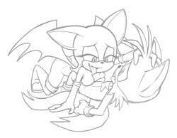 anthro armwear bat boots breasts butt canid canine clothing duo elbow_gloves female footwear fox genitals gloves goldenthelair hand_on_head handwear honduran_white_bat kneeling leaf-nosed_bat legwear licking lying male male/female mammal microbat miles_prower monochrome multi_tail narrowed_eyes on_back oral penile penis penis_between_breasts penis_lick rouge_the_bat sega sex shoes sonic_the_hedgehog_(series) tail thigh_boots thigh_highs tongue wings yangochiropteran