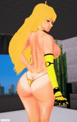 1girls arrancon ass ass_focus blonde_female blonde_hair half-dressed half_naked half_naked_female long_hair long_hair_male looking_back purple_eyes robotic_arm rwby solo_female yang_xiao_long